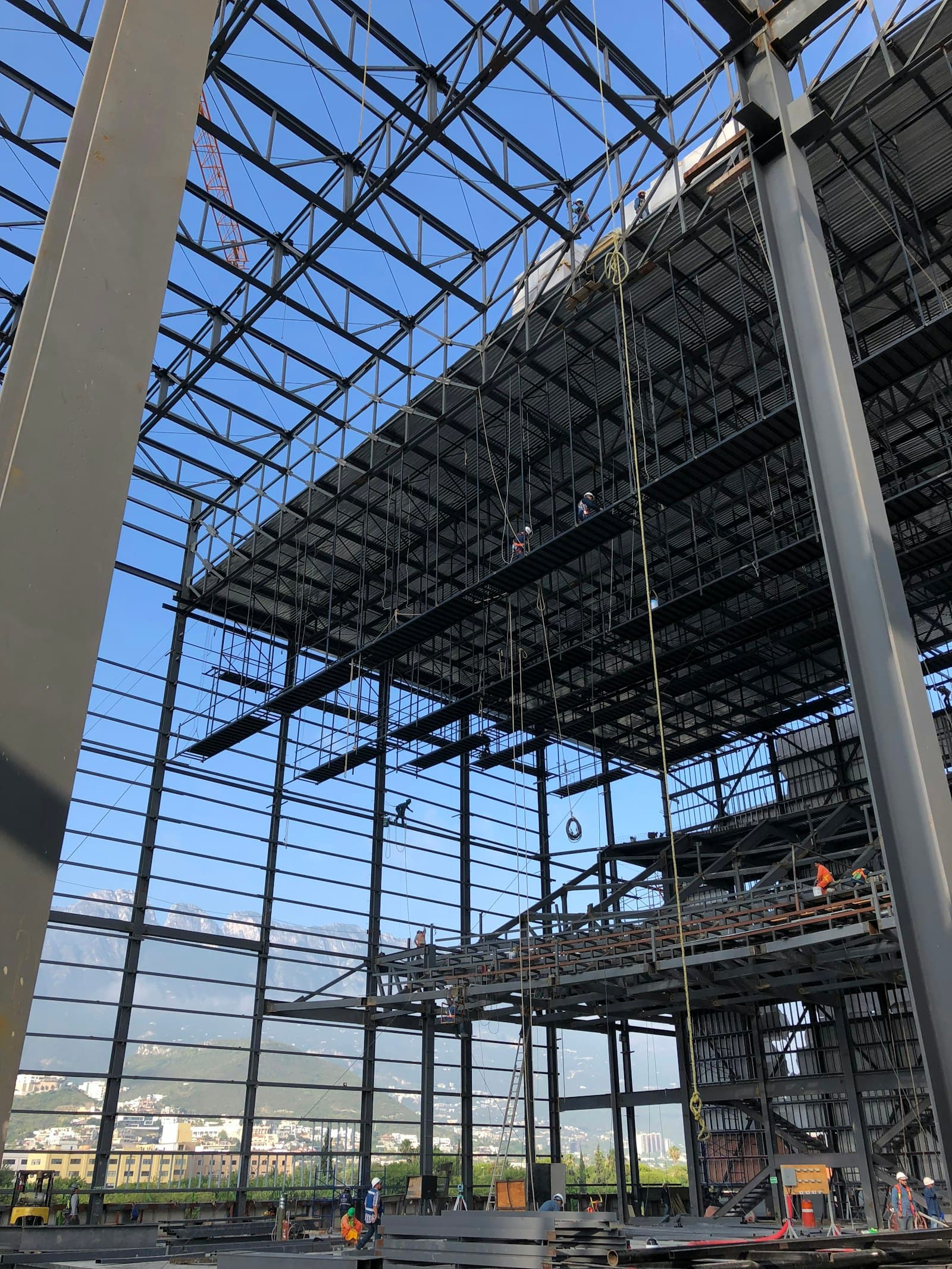 Structural steel framing against the sky